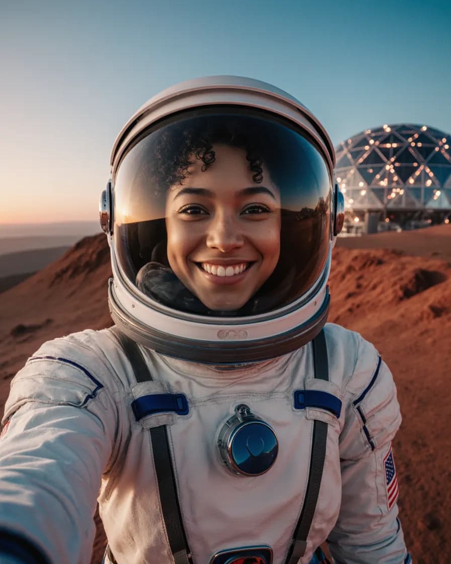 A descendant's smiling selfie in a space suit, a glass dome colony behind her on Mars