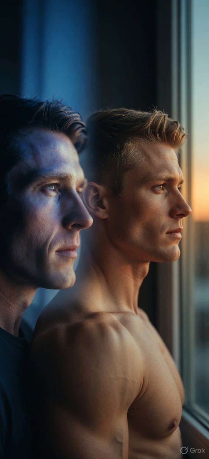 A man and the grown son who has his profile, looking out of the same window