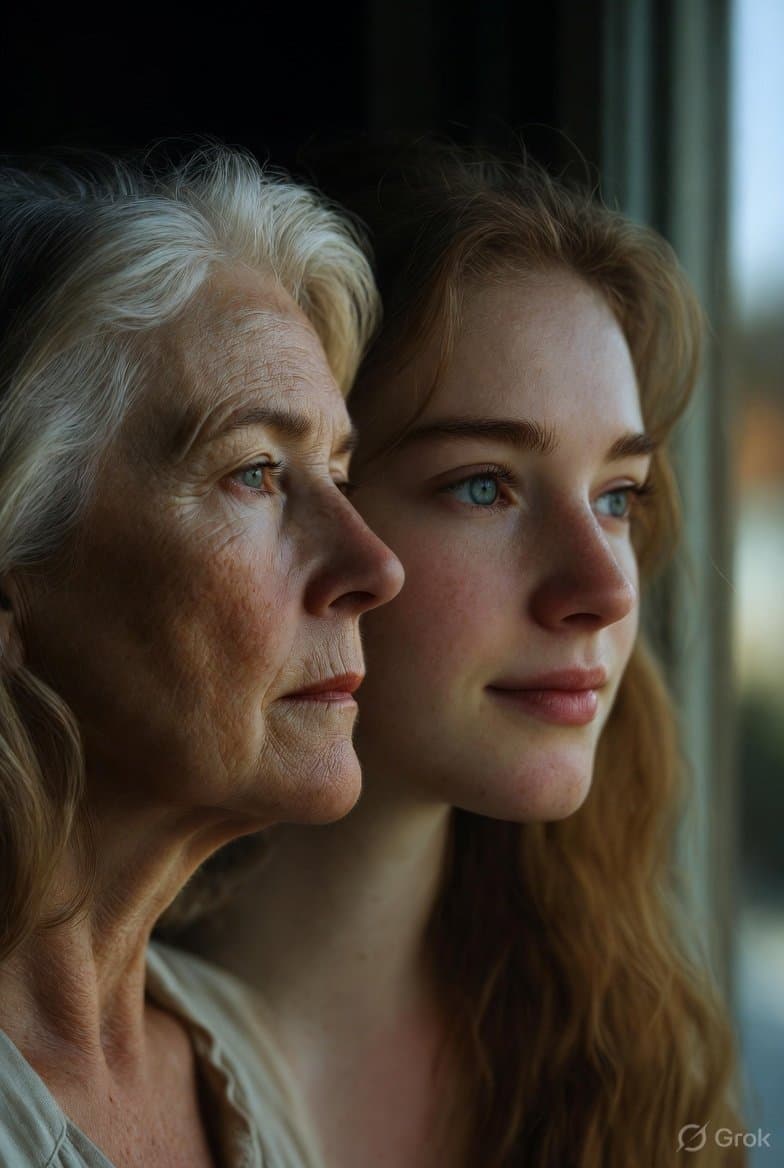 A grandmother and her granddaughter, the same profile sixty years apart, looking out of one window