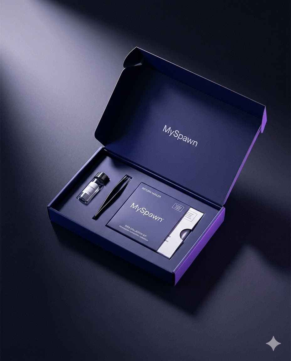 The MySpawn kit open: a collection vial, tweezers and a prepaid return mailer